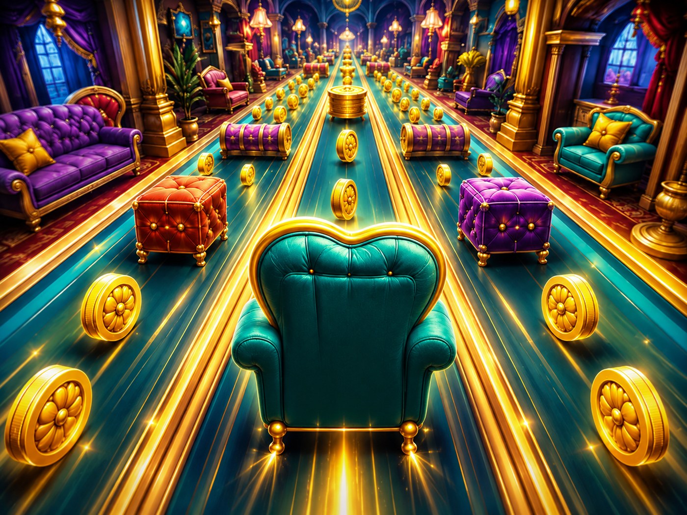 Gameplay-style scene showing a teal armchair gliding down a glowing lane with coins and furniture obstacles