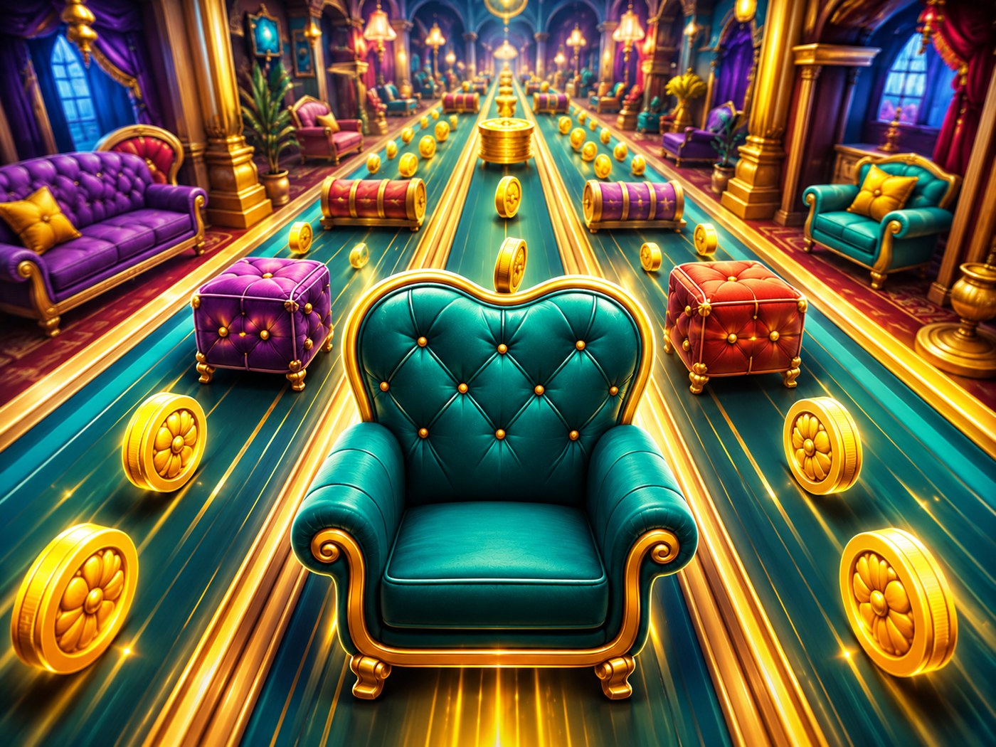 Hero artwork showing a luxurious chair racing along glowing furniture lanes with coins and plush obstacles