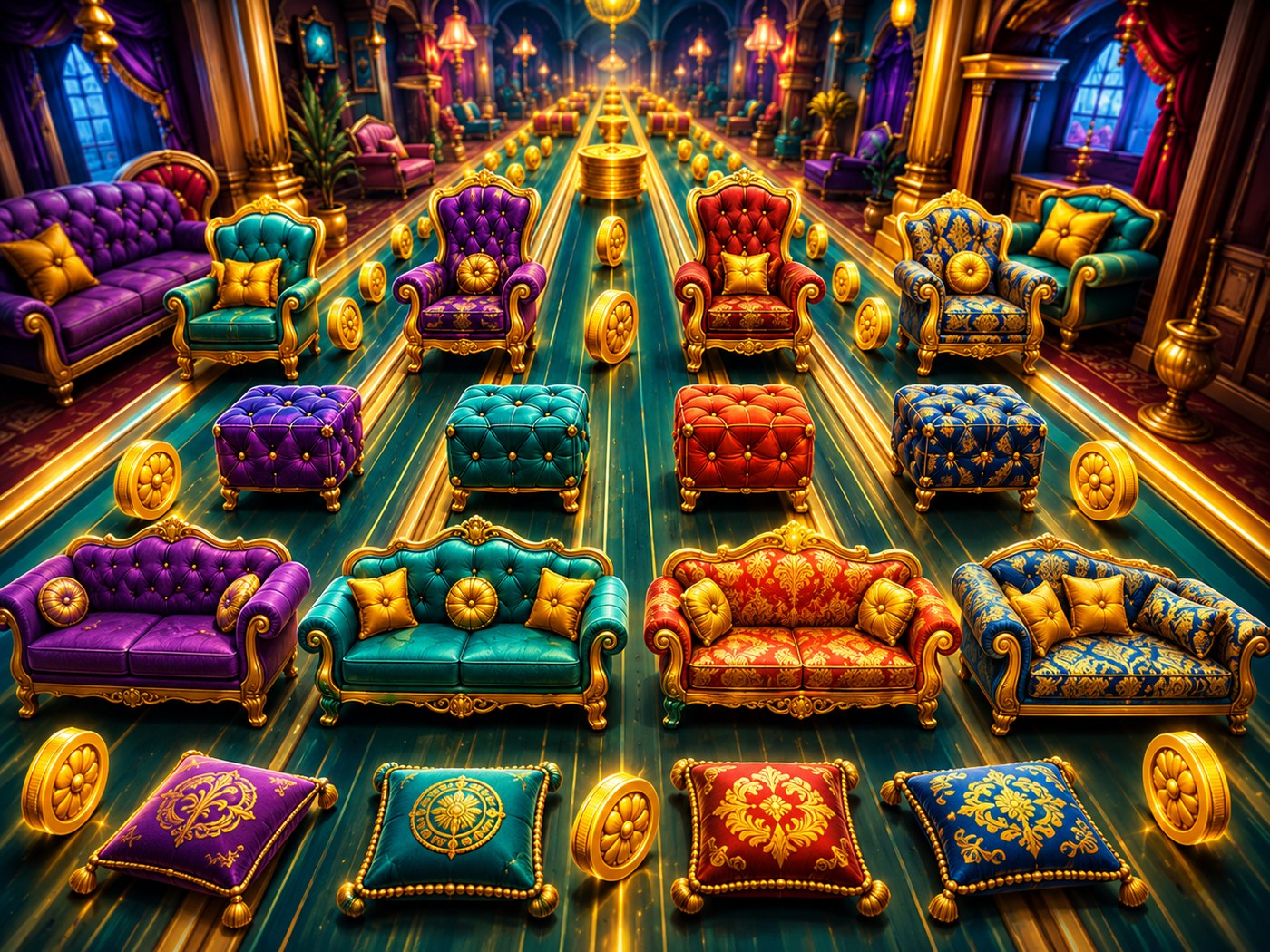 Colorful collection of ornate furniture styles surrounded by gold coins