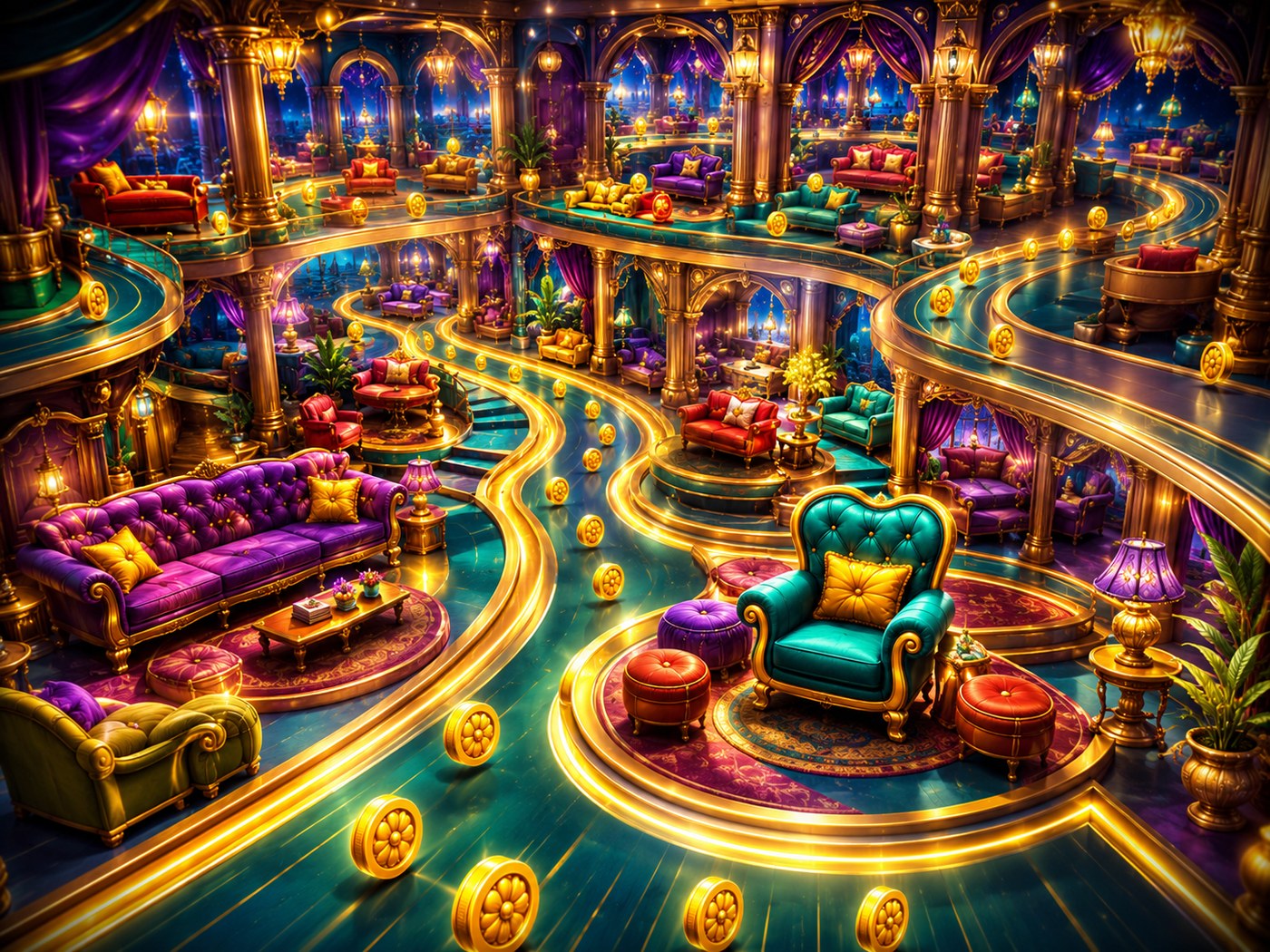 Grand furniture-themed game world with glowing lanes, coins, ornate décor, and colorful showroom zones
